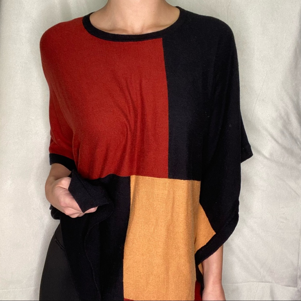 August Silk Poncho Sweater, Black, Tan and Brown Color Block